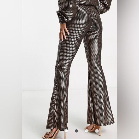 NWT ASOS Glamorous Petite High Rise Flare Pants Matte Brown Sequin US 12 Petite - Picture 6 of 11